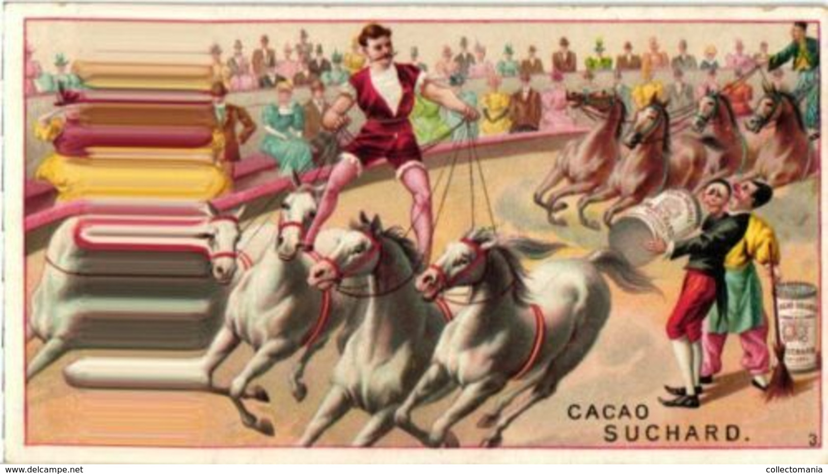 6 Chromo Litho Cards Advertising Swiss Chocolate SUCHARD Set68A C1898 Circus Scenes Pigs Clowns Horses Manege - Suchard