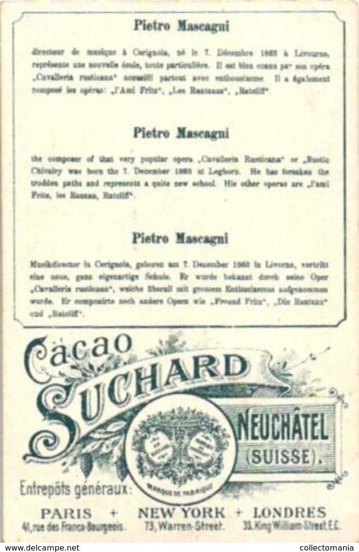 6 chromo litho cards chocolate SUCHARD set58B c1899 Famous Composers Litho Beethoven Liszt Boildieu  MAscagni Gounoud