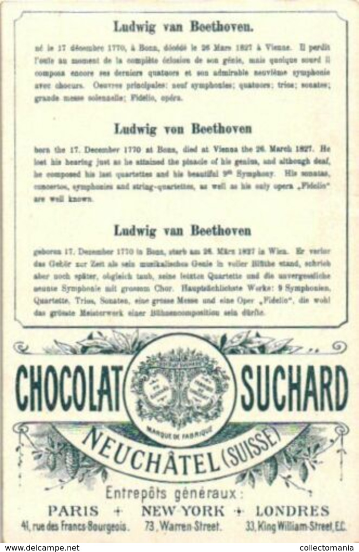 6 chromo litho cards chocolate SUCHARD set58B c1899 Famous Composers Litho Beethoven Liszt Boildieu  MAscagni Gounoud