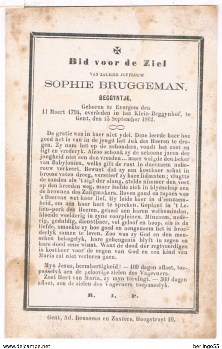 Dp. Begijntje. Bruggeman Sophie. ° Evergem 1794 † Klein-Beggynhof Te Gent 1862  (2 Scan's) - Images Religieuses