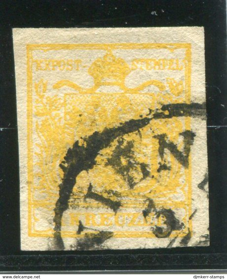 AUSTRIA 1850 Arms 1 Kr.yellow On Hand-made Paper, Used.  Michel 1X - Gebruikt