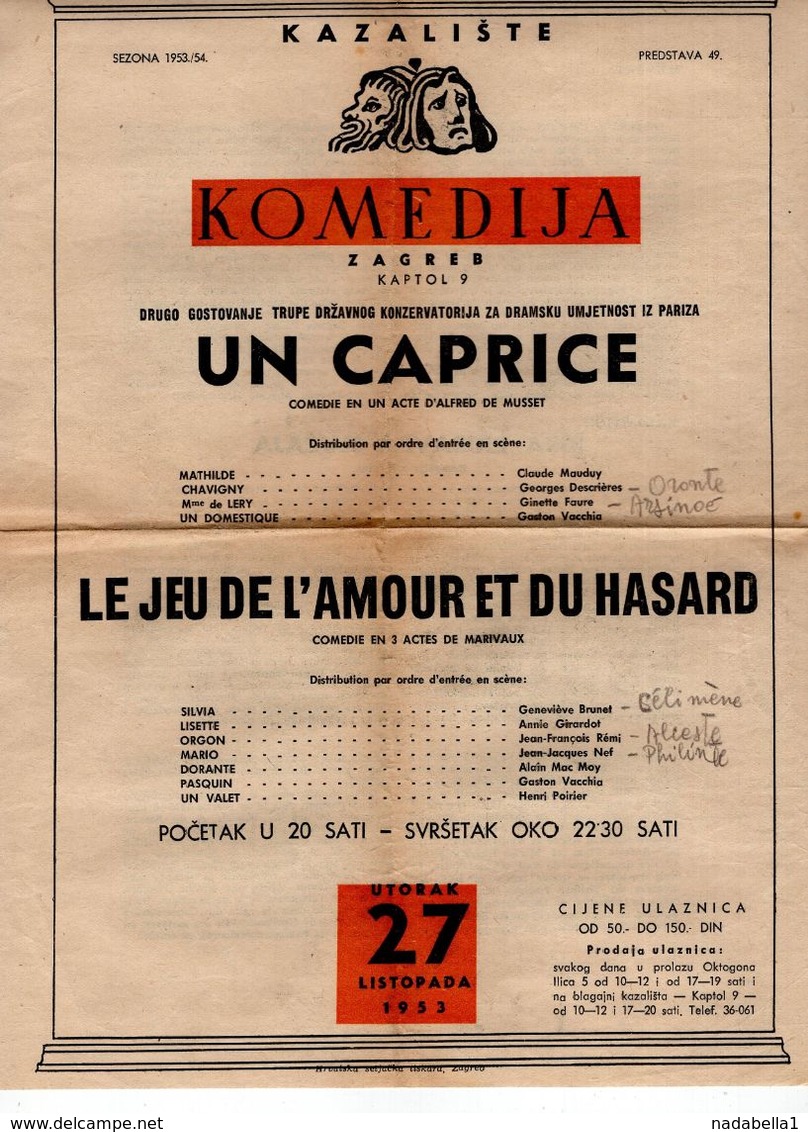 1953 YUGOSLAVIA,CROATIA,ZAGREB,THEATRE,POSTER,FRENCH THEATRE,UN CAPPRICE - Théâtre & Déguisements