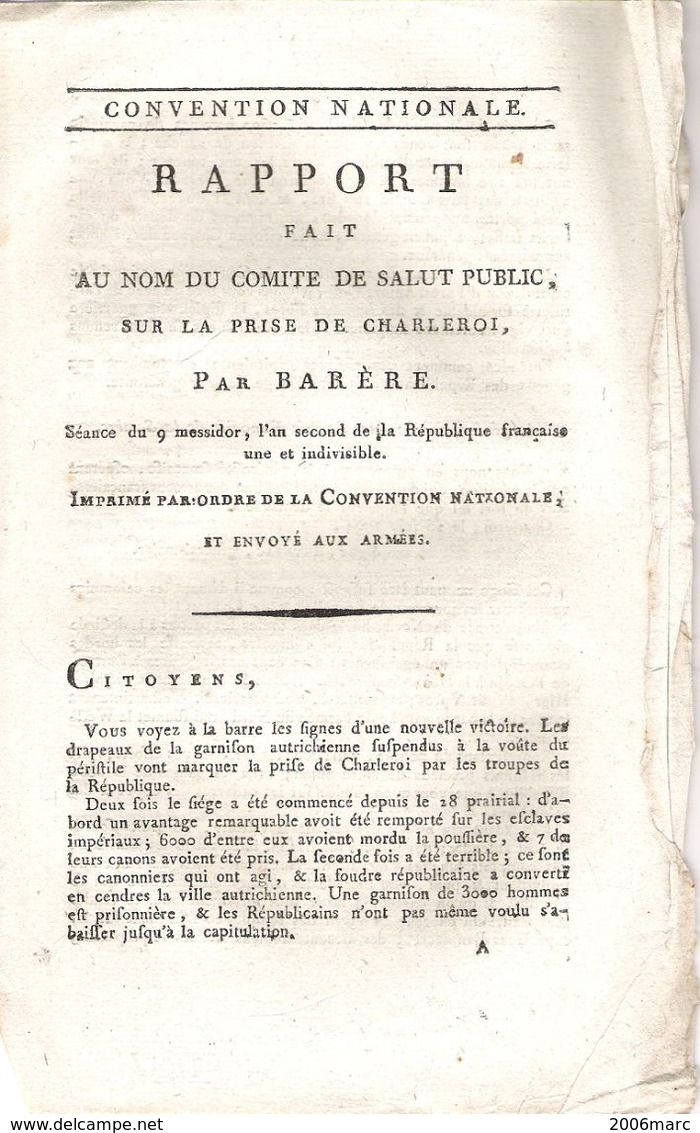 Rapport De Barrére Sur La Bataille De Charleroi 1792 - Documents Historiques