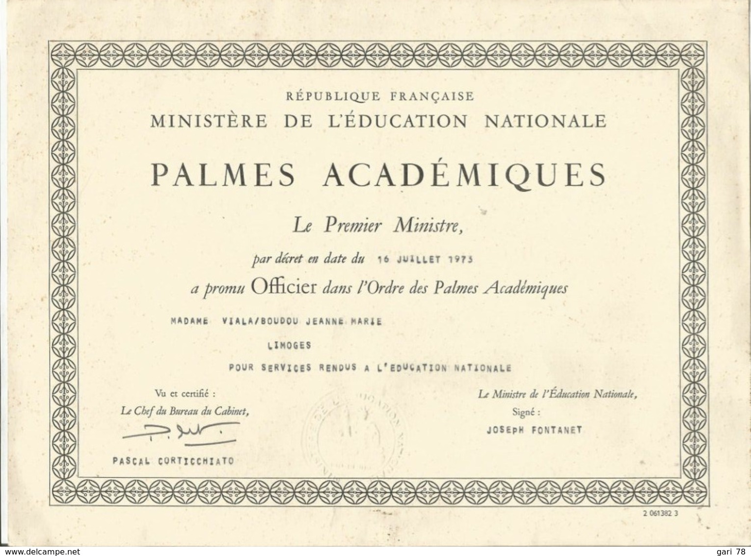 Diplôme- PALMES ACADEMIQUES - Ministère De L'Education Nationale - Diploma & School Reports