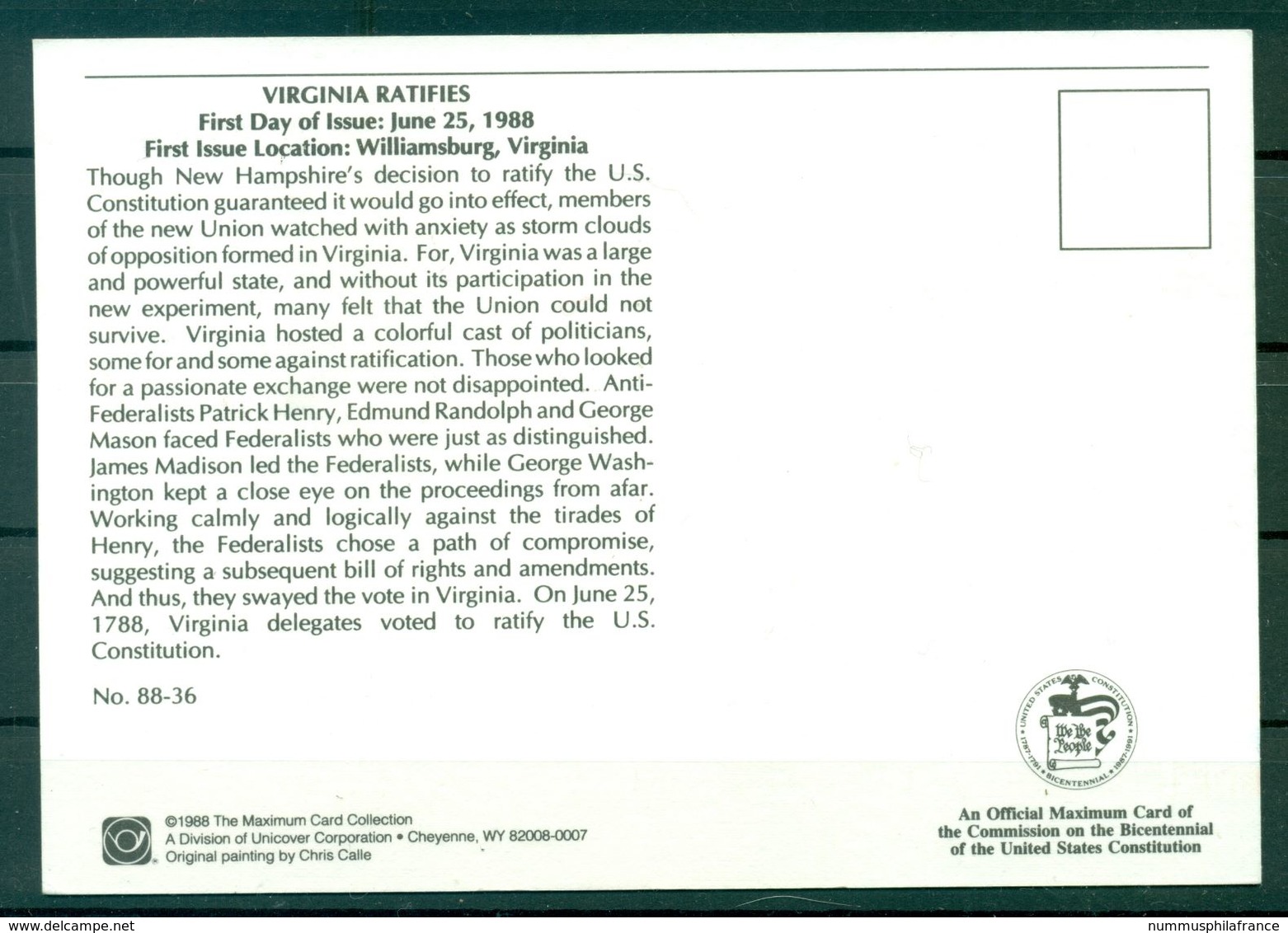 États-Unis 1988 - Y & T N. 1817 - Carte Maximum "Bicentenaire De L'Etat De Virginie" (Michel N. 1987) - Cartes-Maximum (CM)