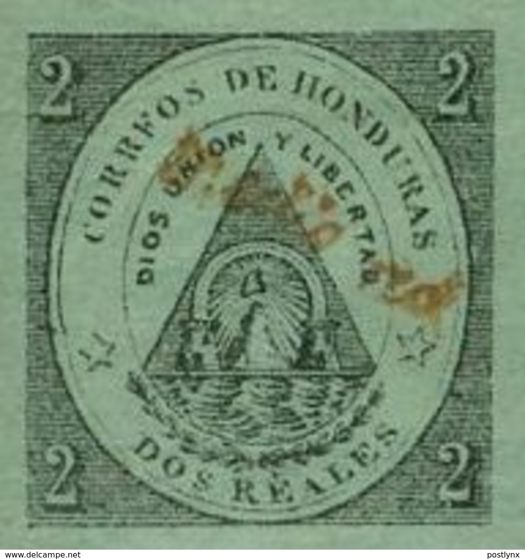 CV:€221.80 HONDURAS 1877 Coat Of Arms 1/2r Green OVPT.red IMPERF. - Volcanos