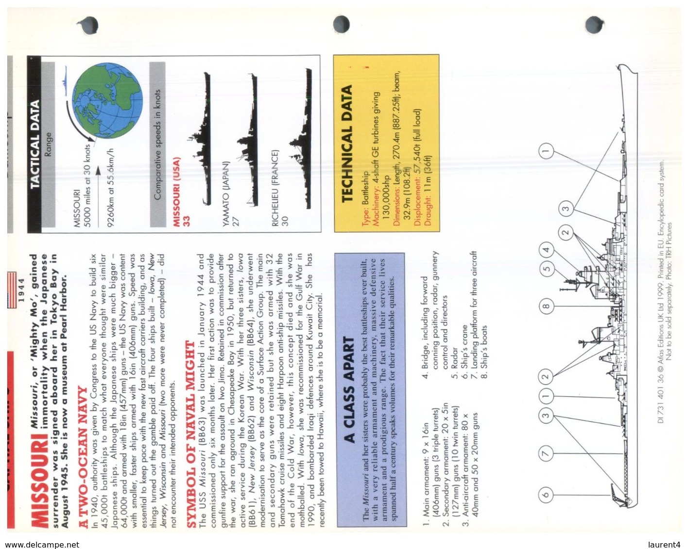 (25 X 19 Cm) C - Photo And Info Sheet On Warship - USS Missouri (gun Firing) - Other & Unclassified