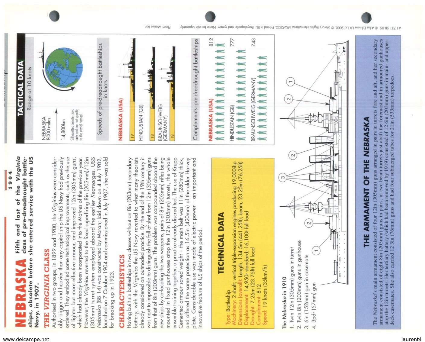 (25 X 19 Cm) C - Photo And Info Sheet On Warship - USS Nebraska - Altri & Non Classificati