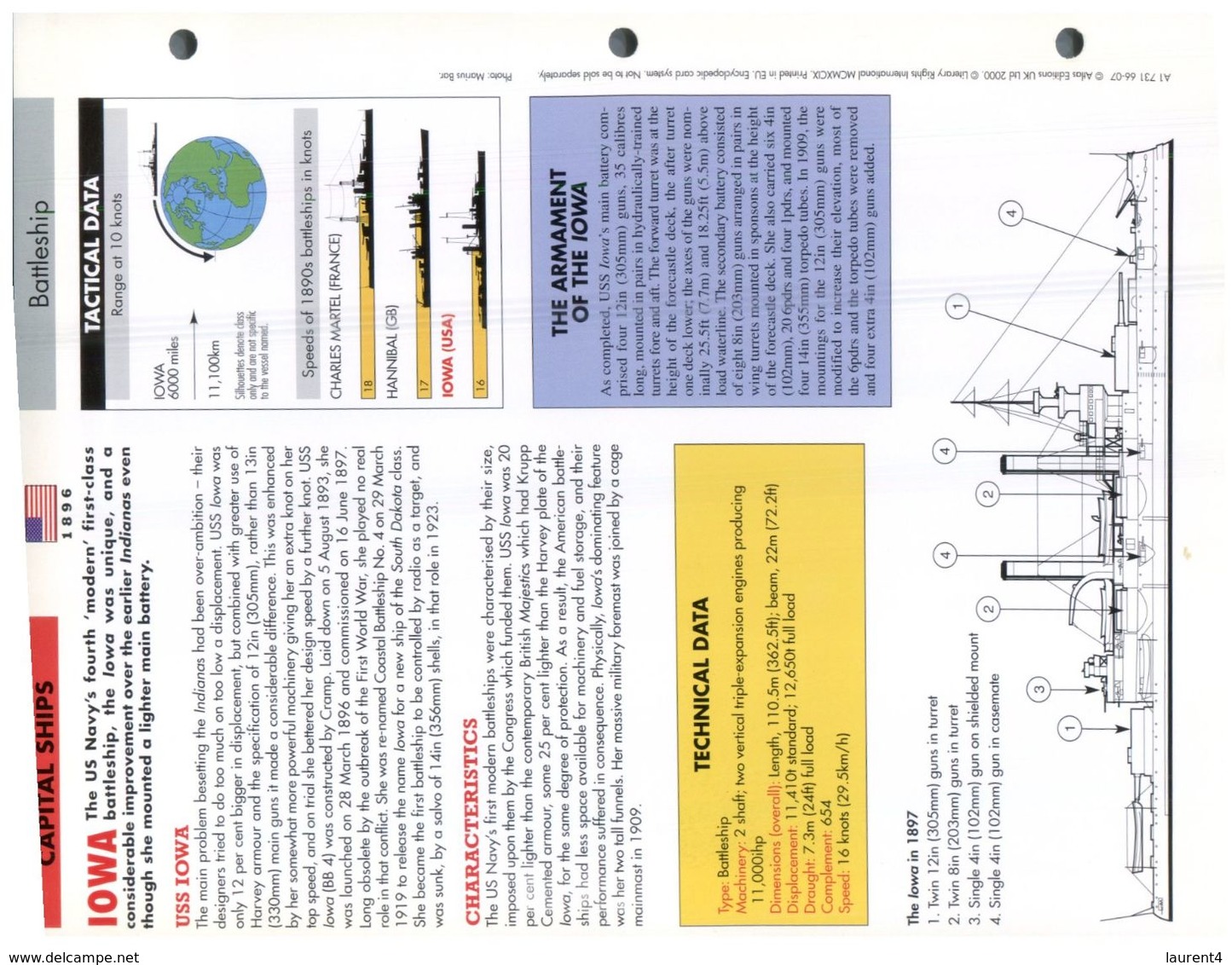 (25 X 19 Cm) C - Photo And Info Sheet On Warship - USS Iowa - Other & Unclassified