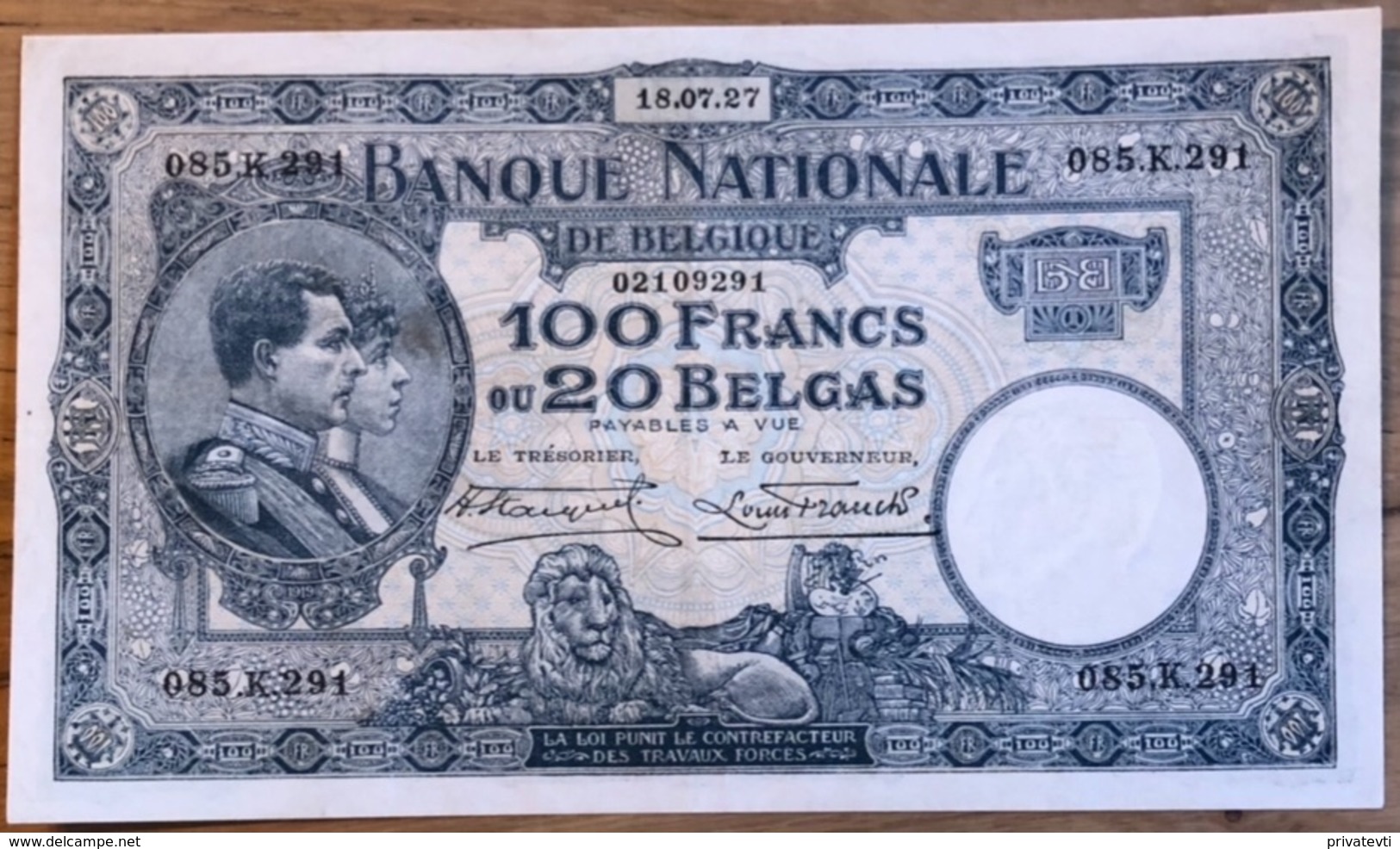 100 Francs Nationale Reeks 18/07/27!! Zeer Mooi Biljet!! 9291 - 100 Francs & 100 Francs-20 Belgas