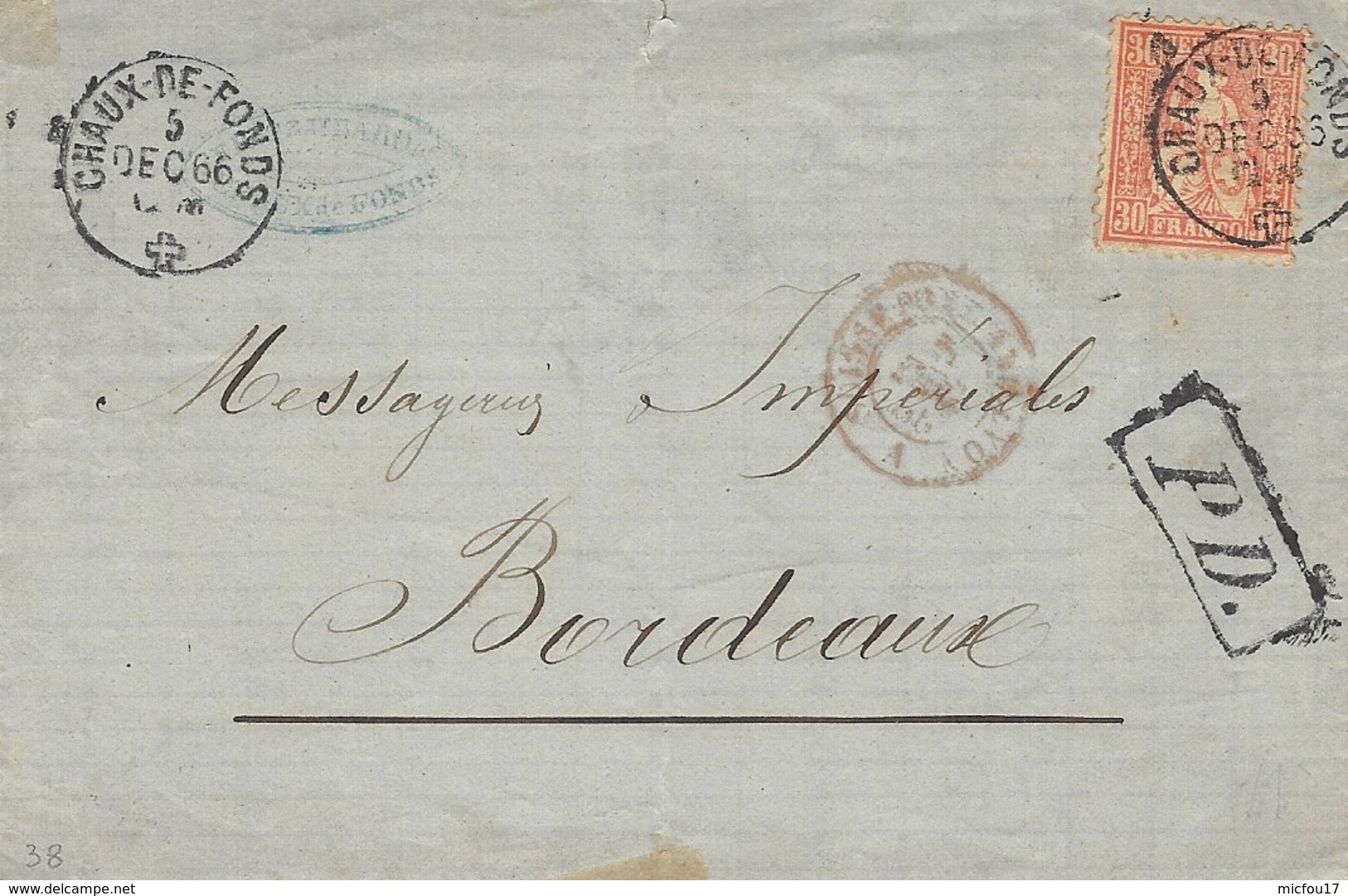 1866- Enveloppe Affr. N°33 Seul Pour Bordeaux Oblit. De La CHAUX-DE-FONDS - Lettres & Documents