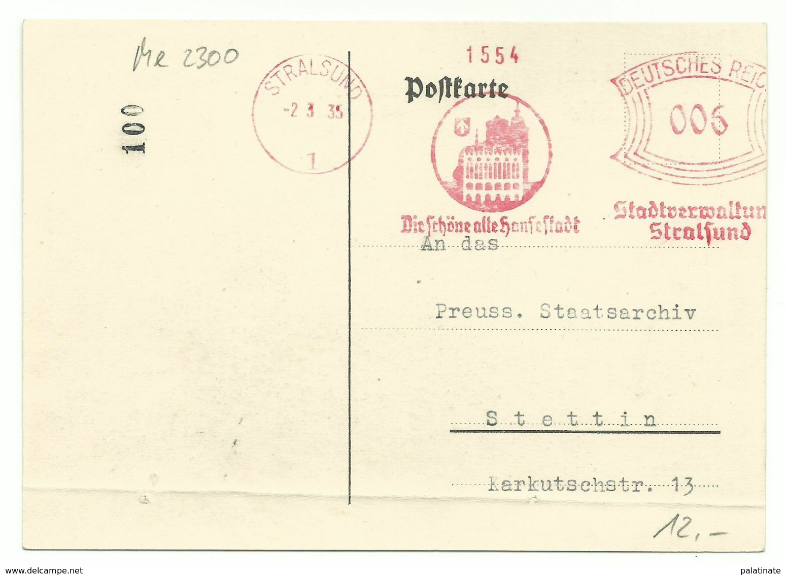 DR Freistempler Stralsund "Stadtverwaltung" Auf Postkarte 1935 Nach Stettin - Briefe U. Dokumente
