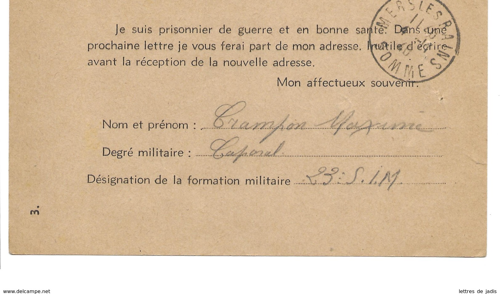 Carte Entier Formule Imprimée  Prisonnier De Guerre Arrivée MERS LES BAINS 4/11/1940 - Guerra De 1939-45