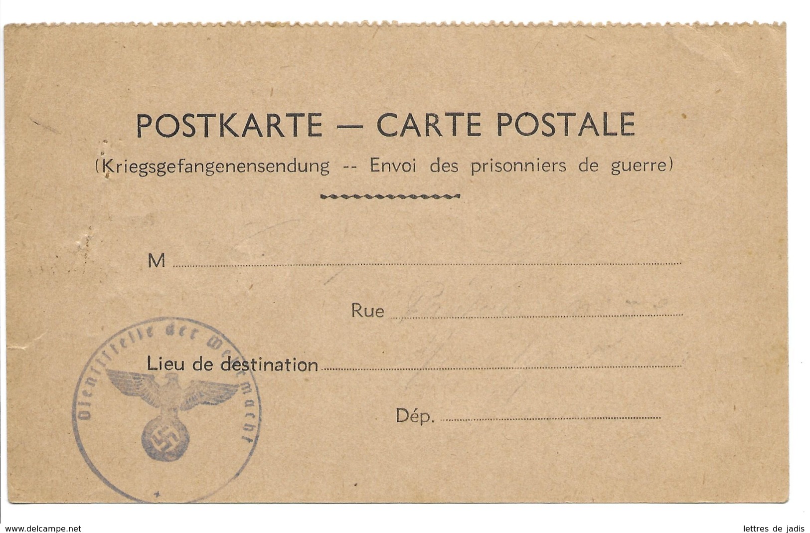 Carte Entier Formule Imprimée  Prisonnier De Guerre Arrivée MERS LES BAINS 4/11/1940 - Guerra De 1939-45