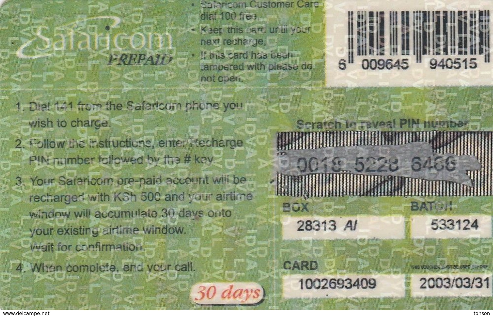 Kenya, KE-SAF-REF-0002A, KSh 500, Safaricom Recharge, Lion, Expiry 2003/03/31, 2 Scans. - Kenya