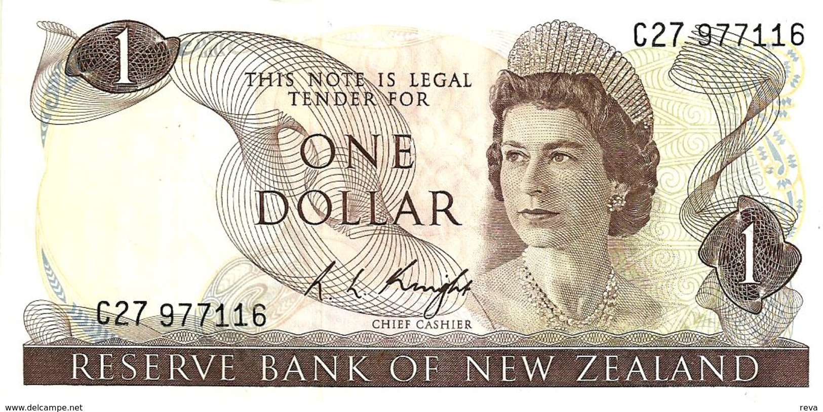 NEW ZEALAND $1 JAMES COOK WMK 1ST ISSUE HEAD OF QEII BIRD BACK ND(1975-77) SIGN KNIGHT P.163c W. 1992 READ DESCRIPTION - New Zealand
