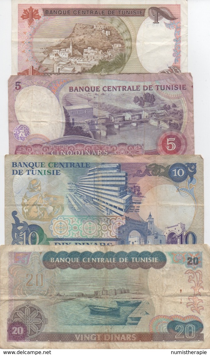 Tunisie : Lot De 4 Billets 1980-83 : 1 + 5 + 10 + 20 Dinars (état : Bon-moyen-moyen-mauvais) - Tusesië