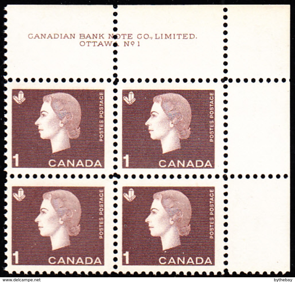 Canada 1963 MNH Sc #401 1c QEII Cameo Plate #1 UR - Plate Number & Inscriptions