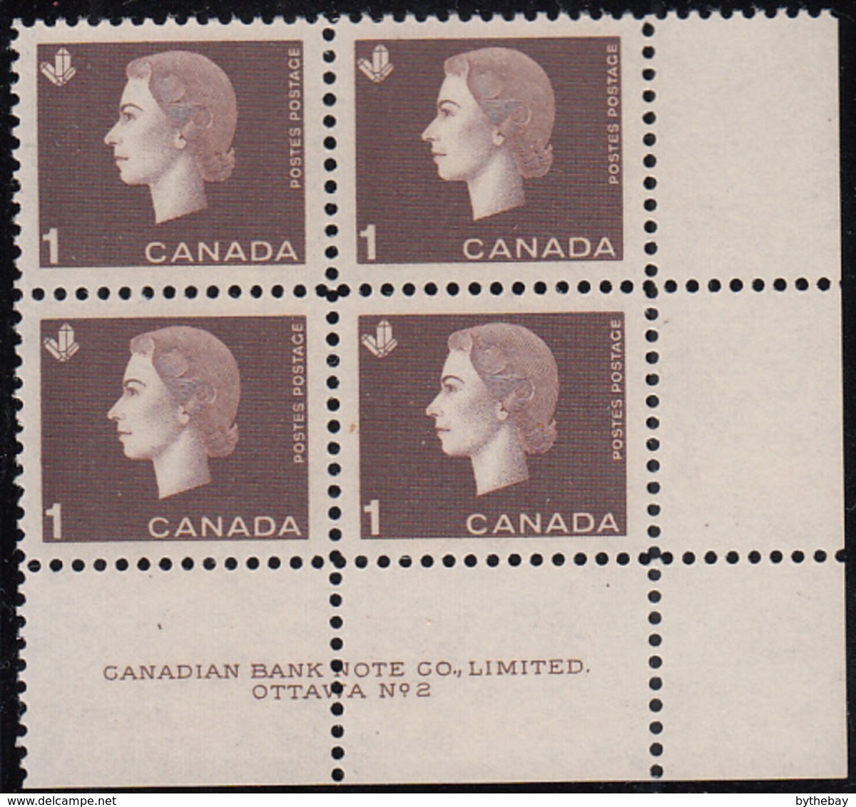 Canada 1963 MNH Sc #401 1c QEII Cameo Plate #2 LR - Plate Number & Inscriptions