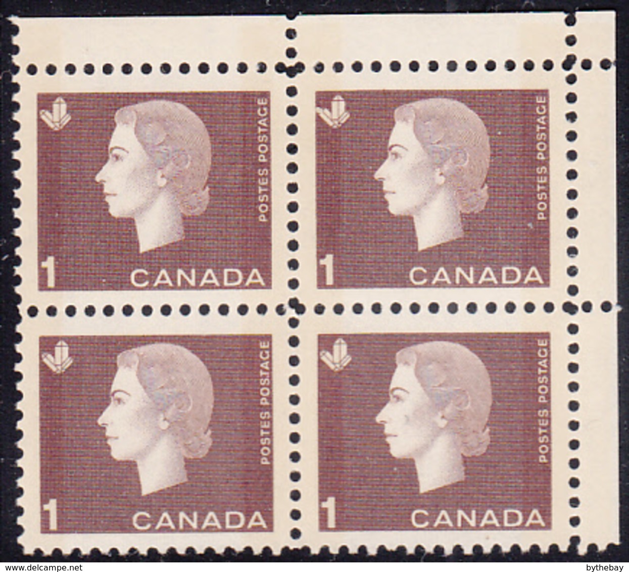 Canada 1963 MNH Sc #401p 1c QEII Cameo W2B Narrow Selvedge UR - Plate Number & Inscriptions