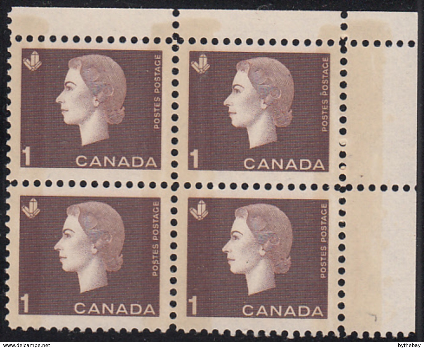 Canada 1963 MNH Sc #401p 1c QEII Cameo W2B Wide Selvedge UR - Plate Number & Inscriptions