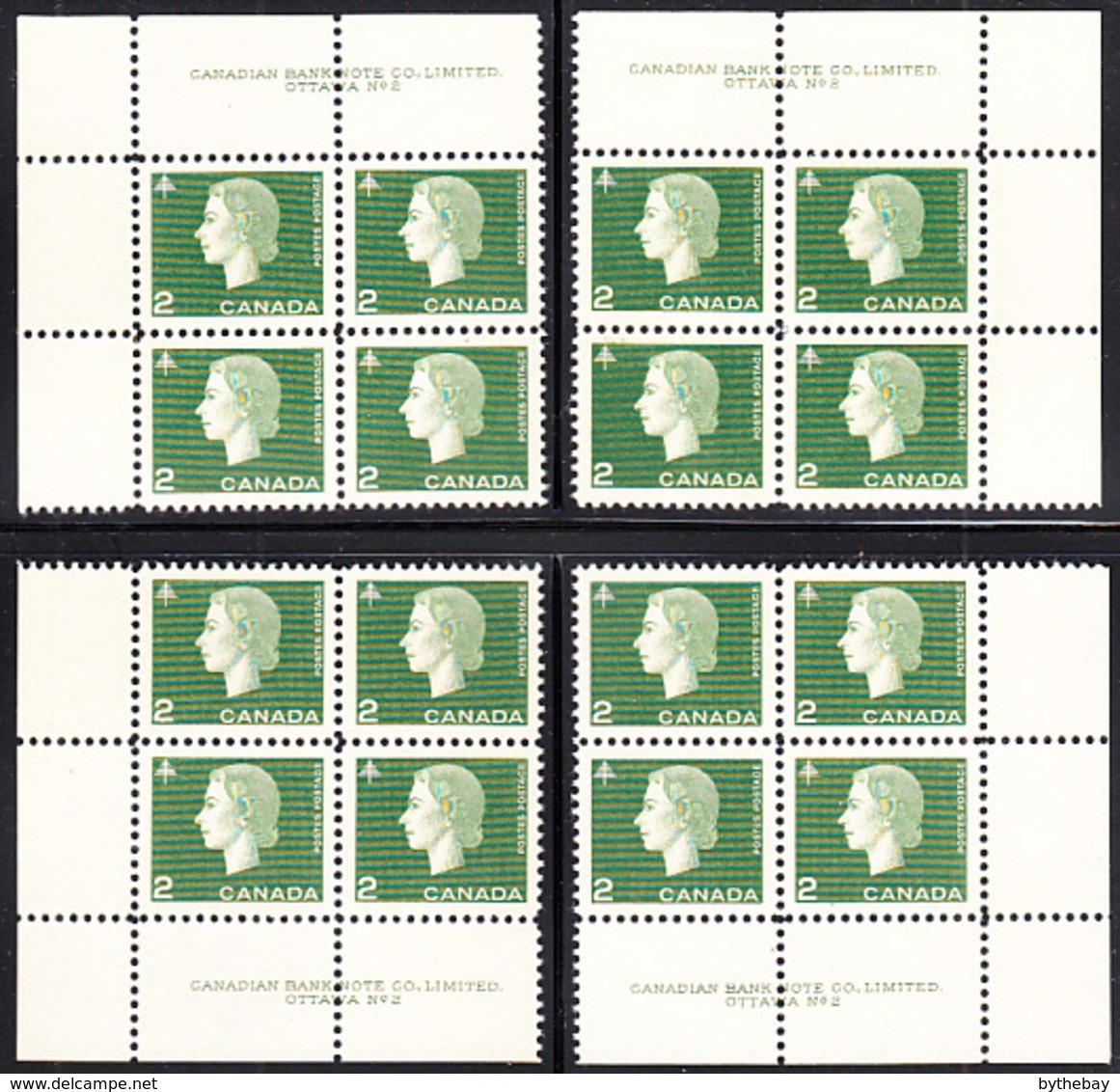 Canada 1963 MNH Sc #402 2c QEII Cameo Plate #2 Set Of 4 Blocks - Plate Number & Inscriptions