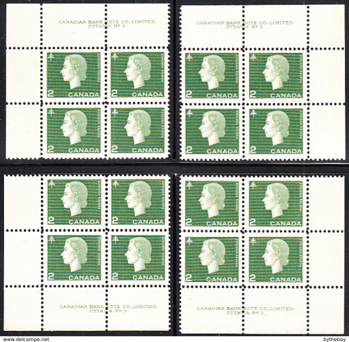 Canada 1963 MNH Sc #402 2c QEII Cameo Plate #3 Set Of 4 Blocks - Plate Number & Inscriptions