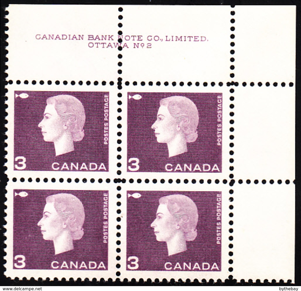 Canada 1963 MNH Sc #403 3c QEII Cameo Purple Plate #2 UR - Plate Number & Inscriptions