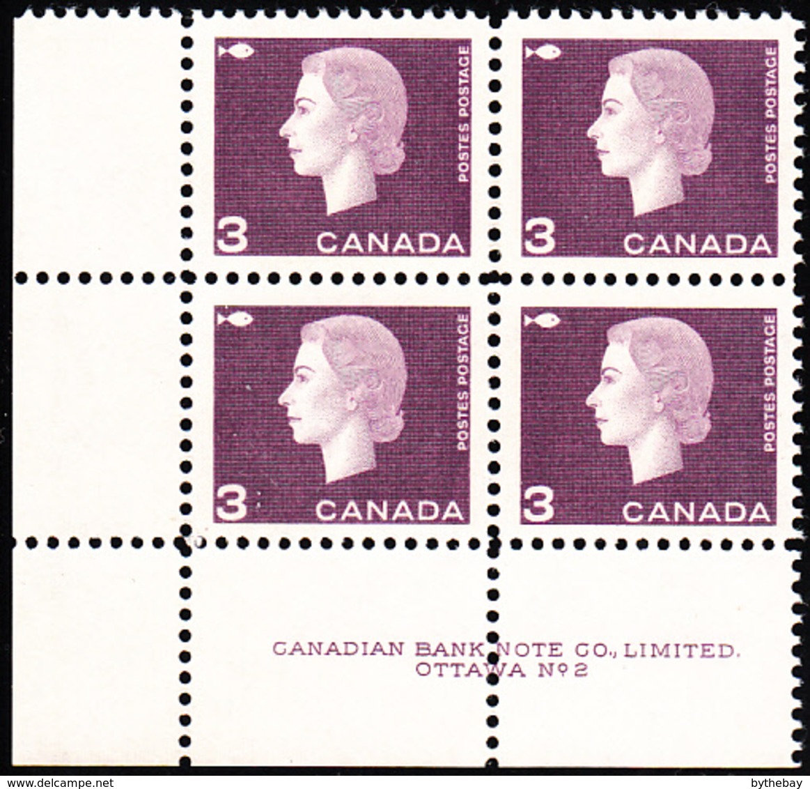 Canada 1963 MNH Sc #403 3c QEII Cameo Purple Plate #2 LL - Num. Planches & Inscriptions Marge