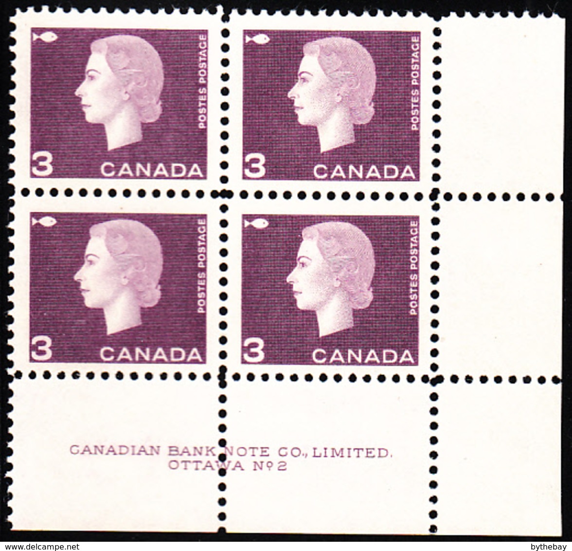Canada 1963 MNH Sc #403 3c QEII Cameo Purple Plate #2 LR - Plate Number & Inscriptions