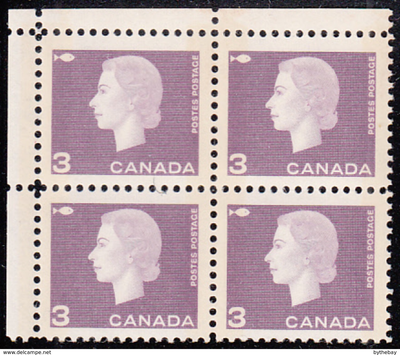 Canada 1963 MNH Sc #403p 3c QEII Cameo Purple W2B Narrow Selvedge UL - Plattennummern & Inschriften