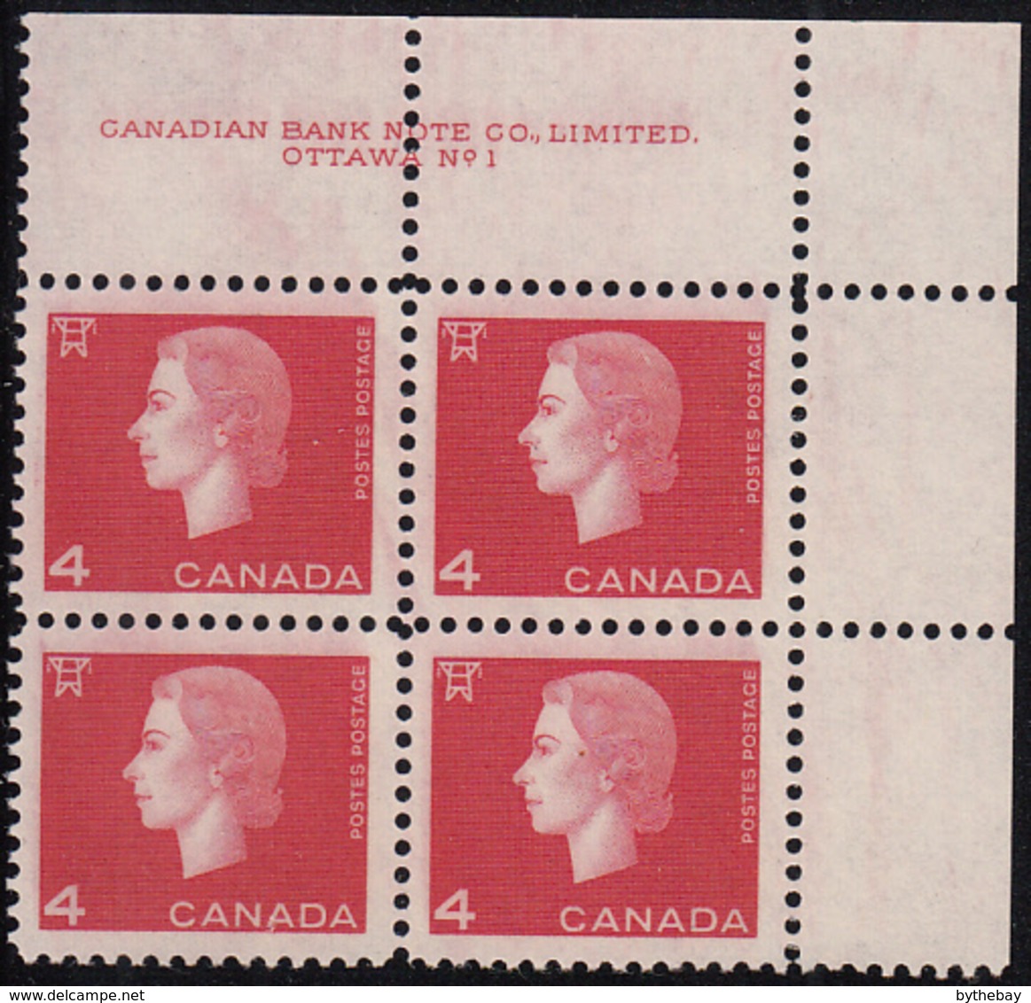 Canada 1963 MNH Sc #404 4c QEII Cameo Plate #1 UR - Num. Planches & Inscriptions Marge