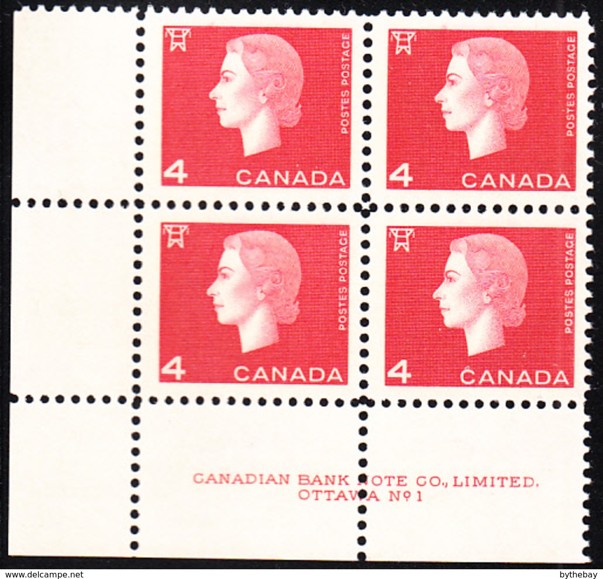 Canada 1963 MNH Sc #404 4c QEII Cameo Plate #1 LL - Plate Number & Inscriptions