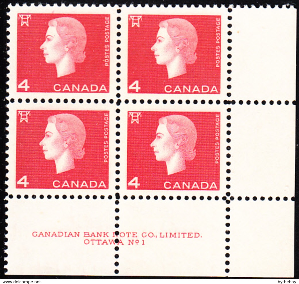 Canada 1963 MNH Sc #404 4c QEII Cameo Plate #1 LR - Num. Planches & Inscriptions Marge