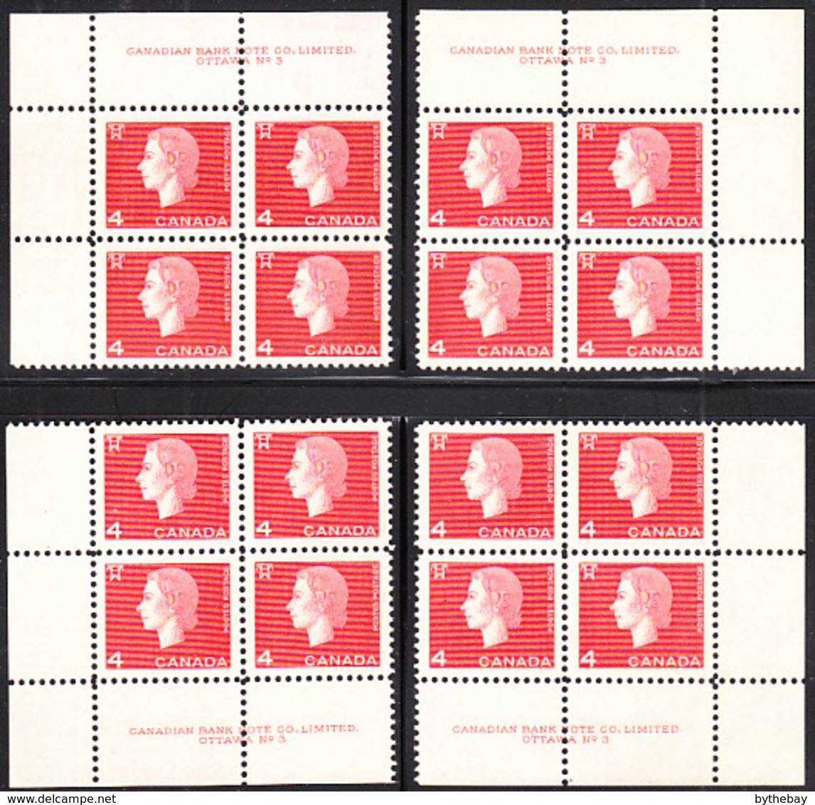 Canada 1963 MNH Sc #404 4c QEII Cameo Plate #3 Set Of 4 Blocks - Plattennummern & Inschriften