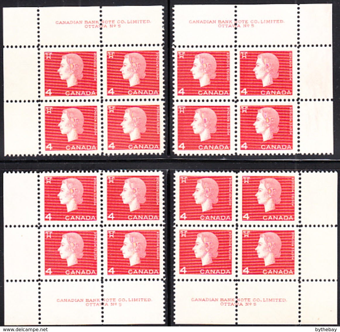 Canada 1963 MNH Sc #404 4c QEII Cameo Plate #5 Set Of 4 Blocks - Plattennummern & Inschriften