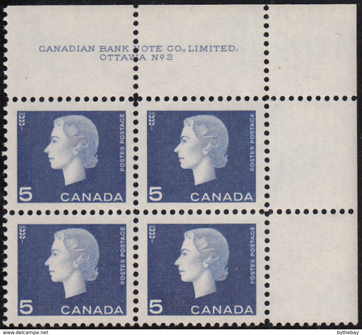 Canada 1962 MNH Sc #405 5c QEII Cameo Plate #2 UR - Num. Planches & Inscriptions Marge