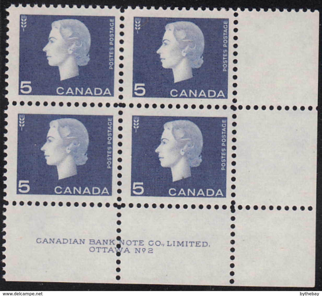 Canada 1962 MNH Sc #405 5c QEII Cameo Plate #2 LR - Num. Planches & Inscriptions Marge