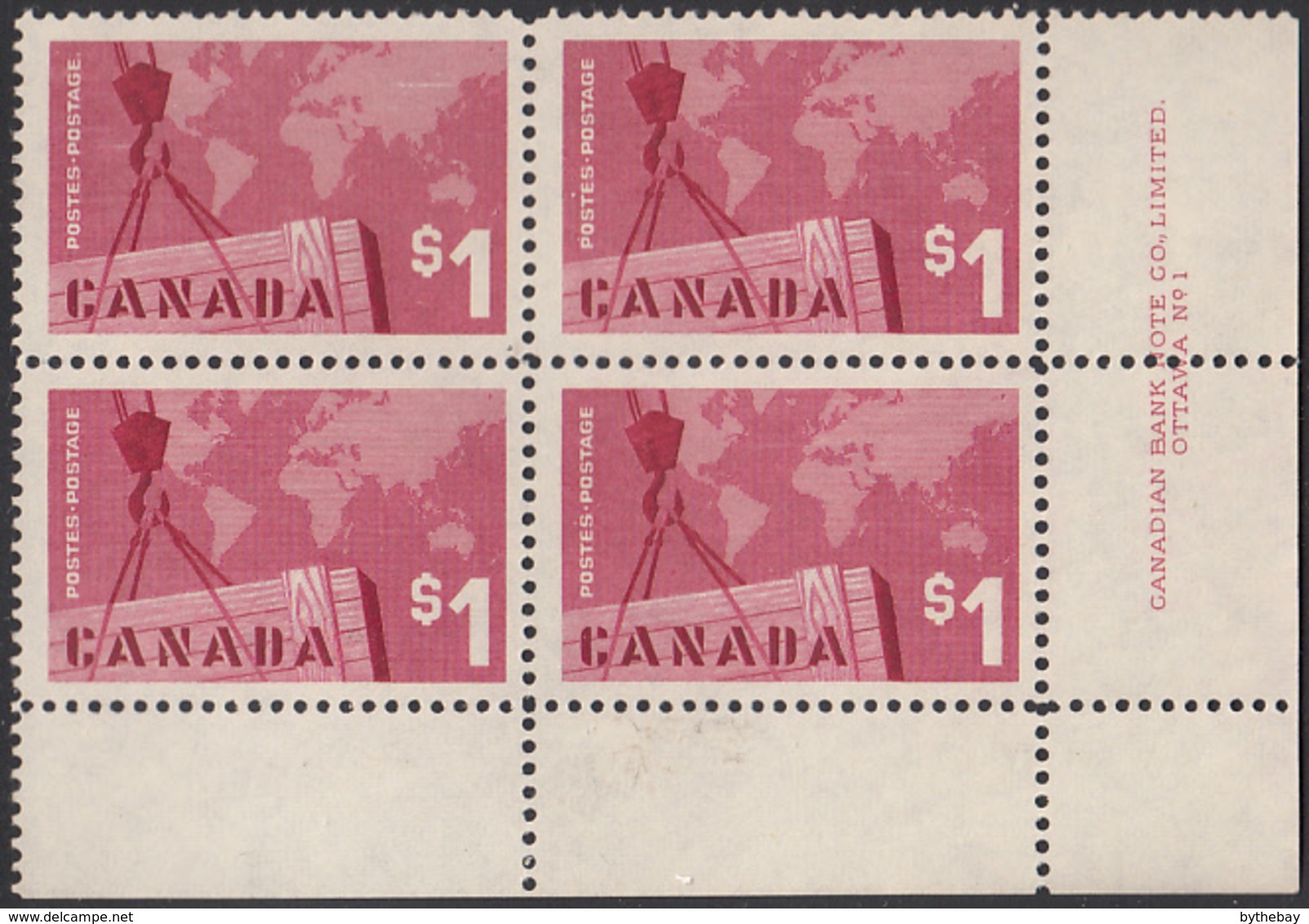 Canada 1963 MNH Sc #411 $1 Canadian Exports Plate #1 LR - Num. Planches & Inscriptions Marge