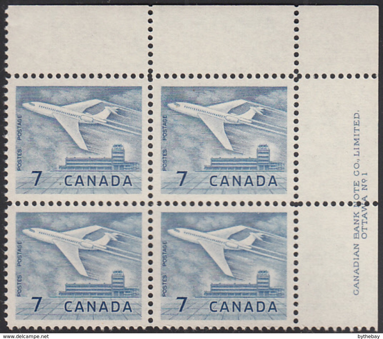 Canada 1964 MNH Sc #414 7c Jet Plane, Ottawa Plate #1 UR - Plate Number & Inscriptions