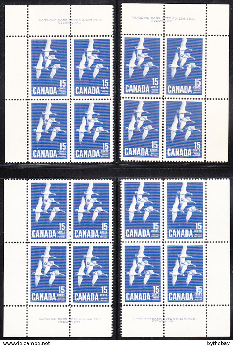 Canada 1963 MNH Sc #415 15c Canada Goose Plate #1 Set Of 4 Blocks - Num. Planches & Inscriptions Marge