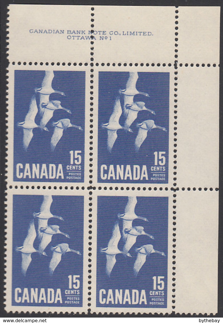 Canada 1963 MNH Sc #415 15c Canada Goose Plate #1 UR - Plate Number & Inscriptions