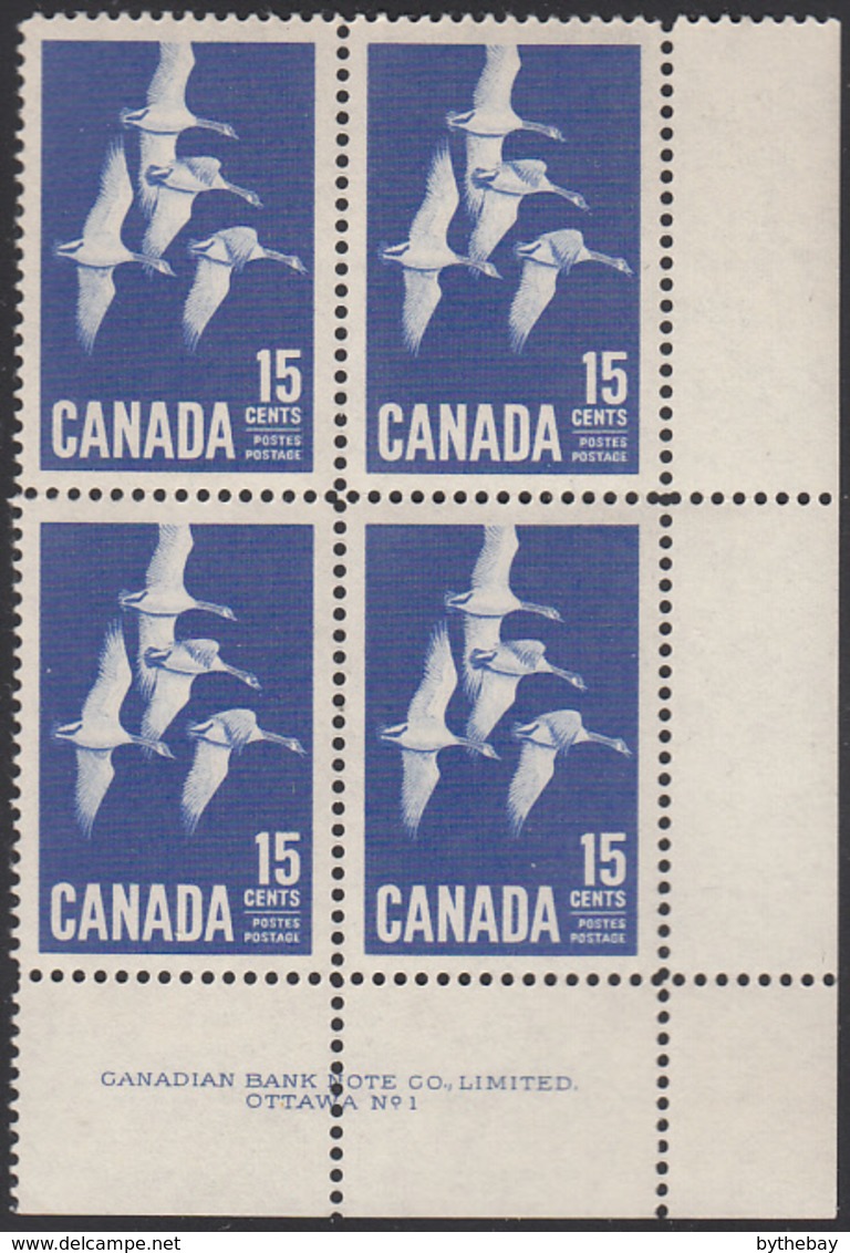 Canada 1963 MNH Sc #415 15c Canada Goose Plate #1 LR - Plate Number & Inscriptions