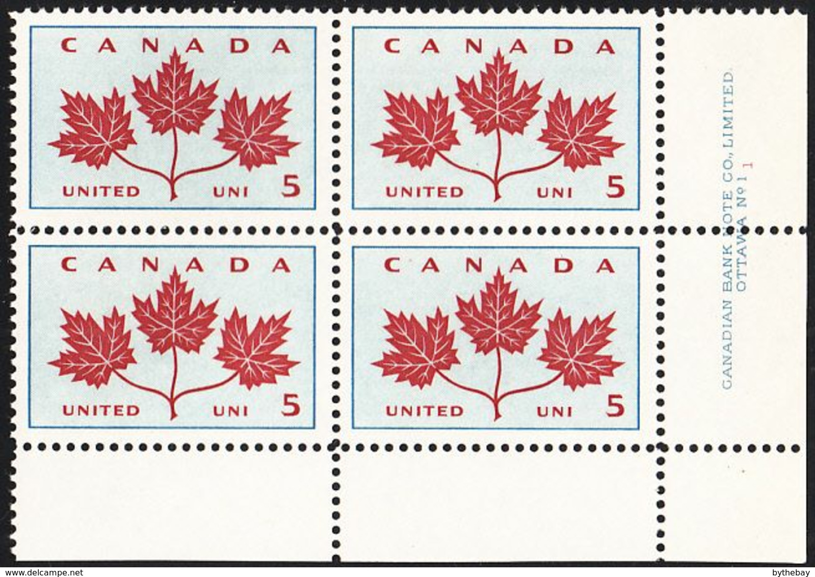 Canada 1964 MNH Sc #417 5c Maple Leaves Plate #1 LR - Num. Planches & Inscriptions Marge