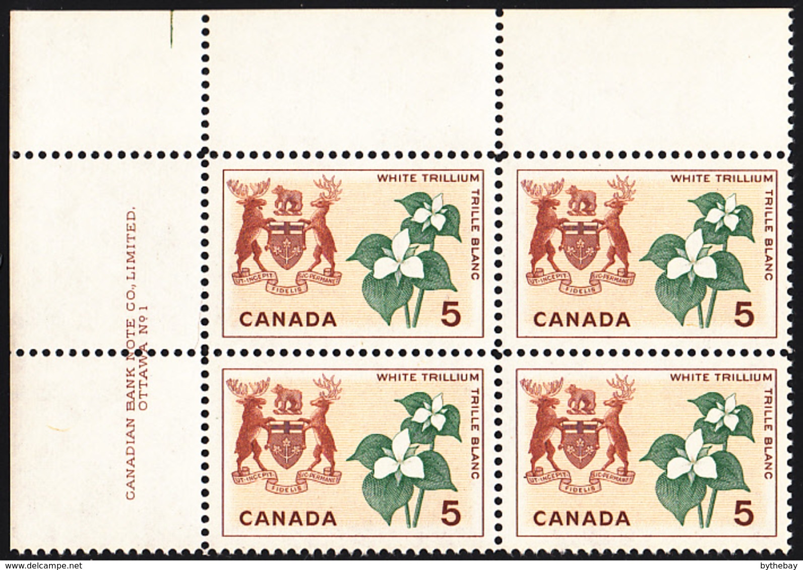 Canada 1964 MNH Sc #418 5c White Trillium Ontario Plate #1 UL - Numeri Di Tavola E Bordi Di Foglio