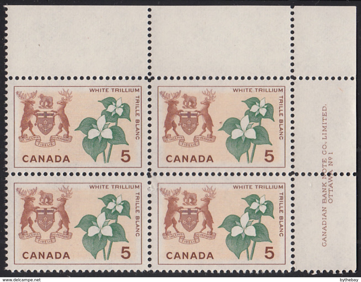 Canada 1964 MNH Sc #418 5c White Trillium Ontario Plate #1 UR - Num. Planches & Inscriptions Marge