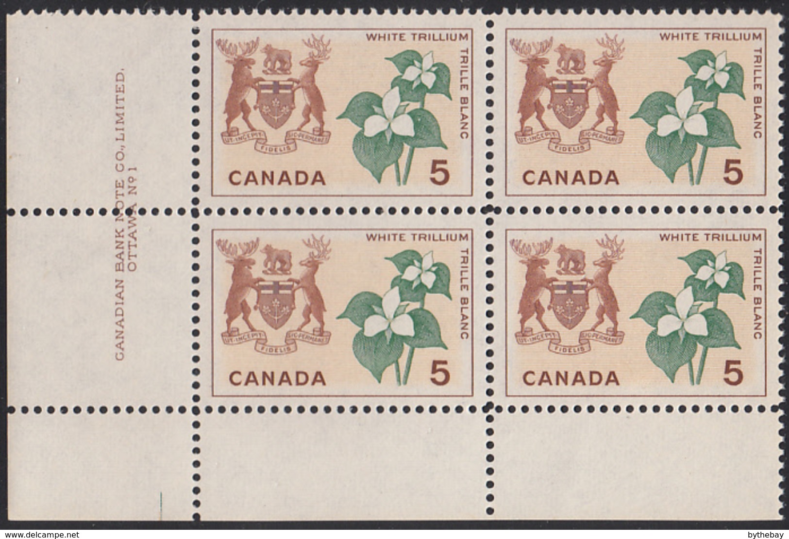 Canada 1964 MNH Sc #418 5c White Trillium Ontario Plate #1 LL - Plate Number & Inscriptions