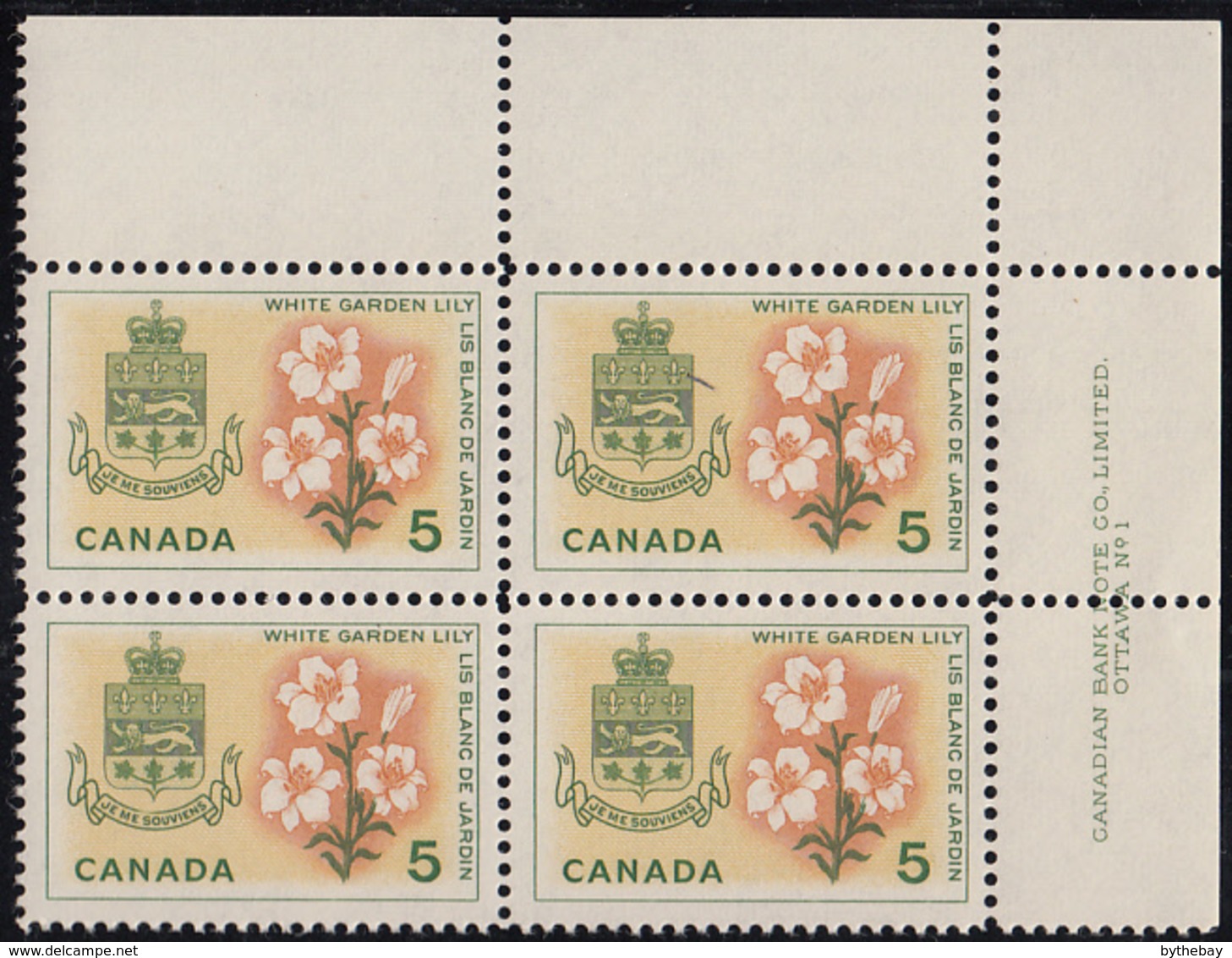 Canada 1964 MNH Sc #419 5c White Garden Lily Quebec Plate #1 UR - Num. Planches & Inscriptions Marge