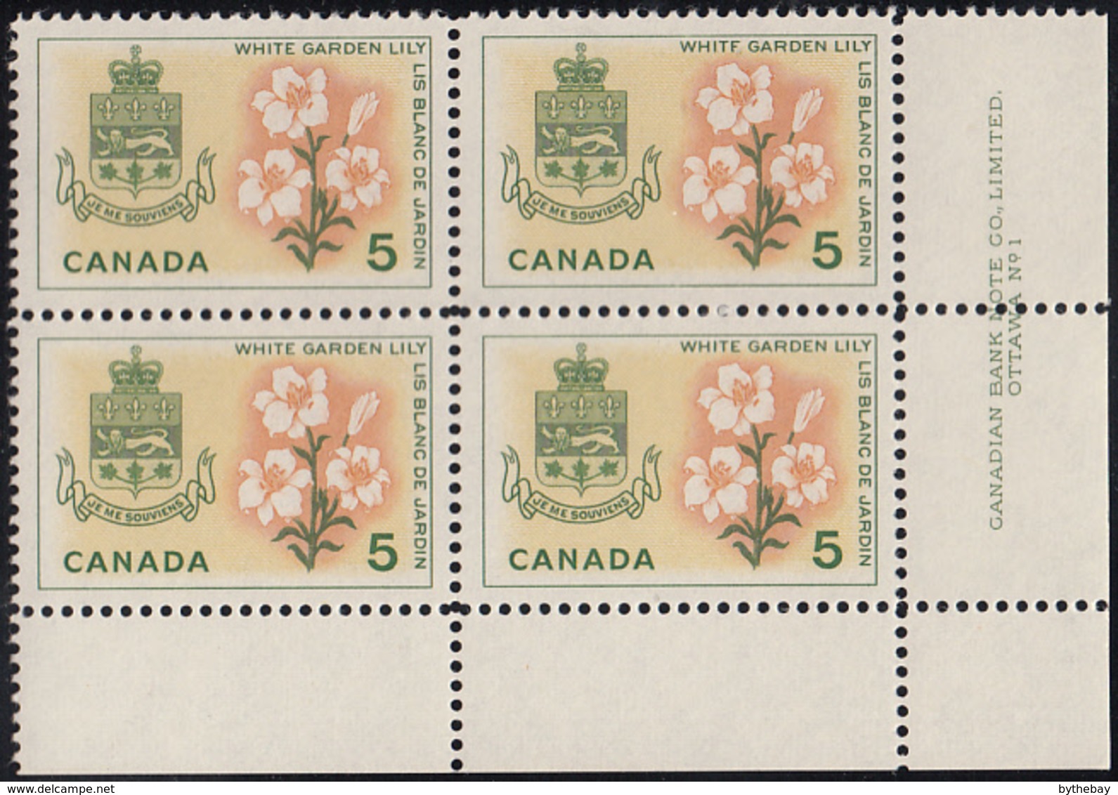 Canada 1964 MNH Sc #419 5c White Garden Lily Quebec Plate #1 LR - Plattennummern & Inschriften