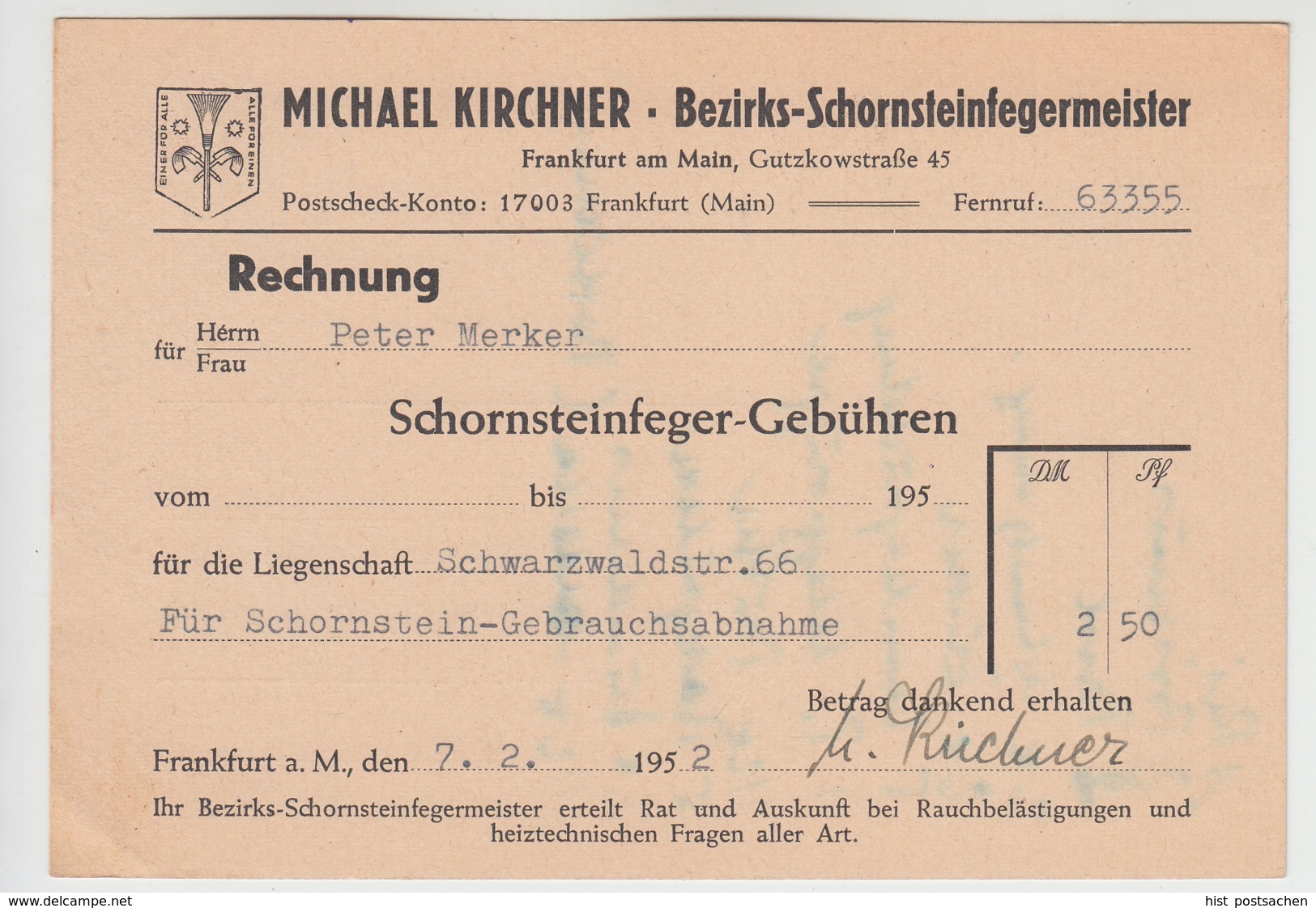 (D1226) Schornsteinfeger Michael Kirchner, Frankfurt A.M., Rechnung Schwarzwaldstraße 66, 1952 - 1950 - ...